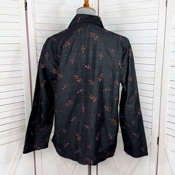 Chicos Embroidered Dupioni Slub Silk Shacket Jacket Black Brown Medium - Picture 4 of 11